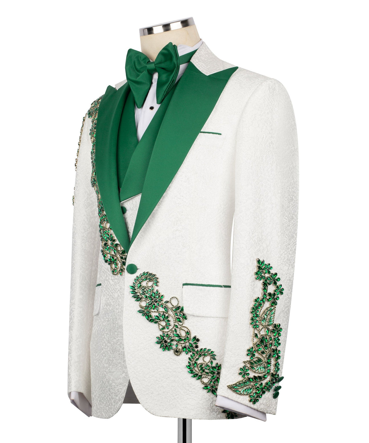 White tuxedo three-piece: green vest and bow tie with floral stone-embroidered chest panel