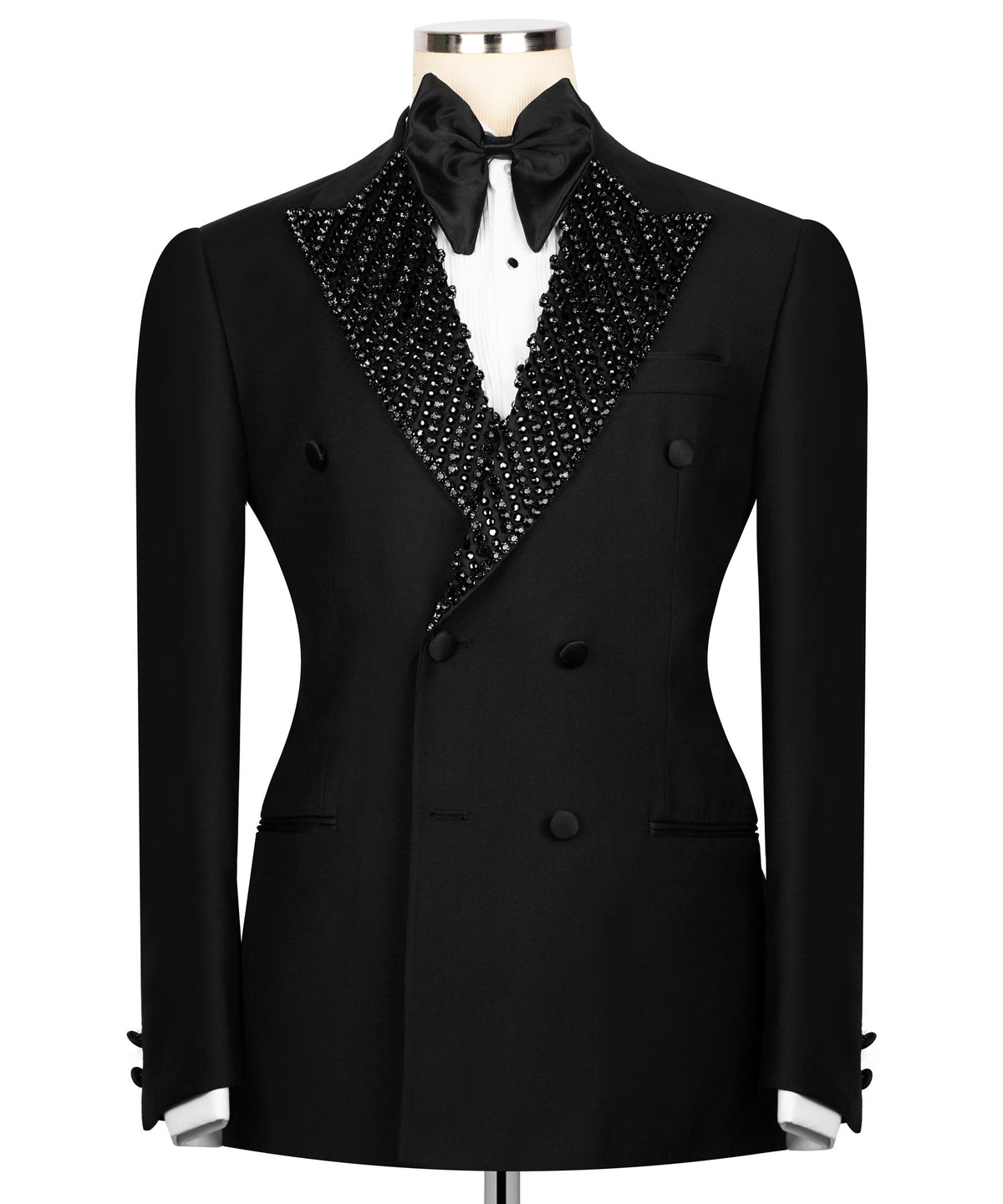 Black tuxedo jacket with jeweled embroidered peak lapels and satin bow tie