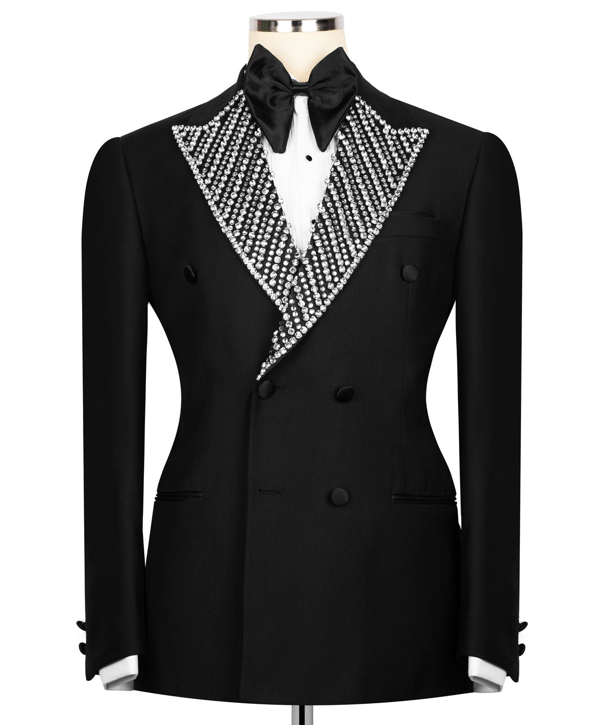 Black tuxedo jacket with rhinestone-embellished V yoke and black bow tie