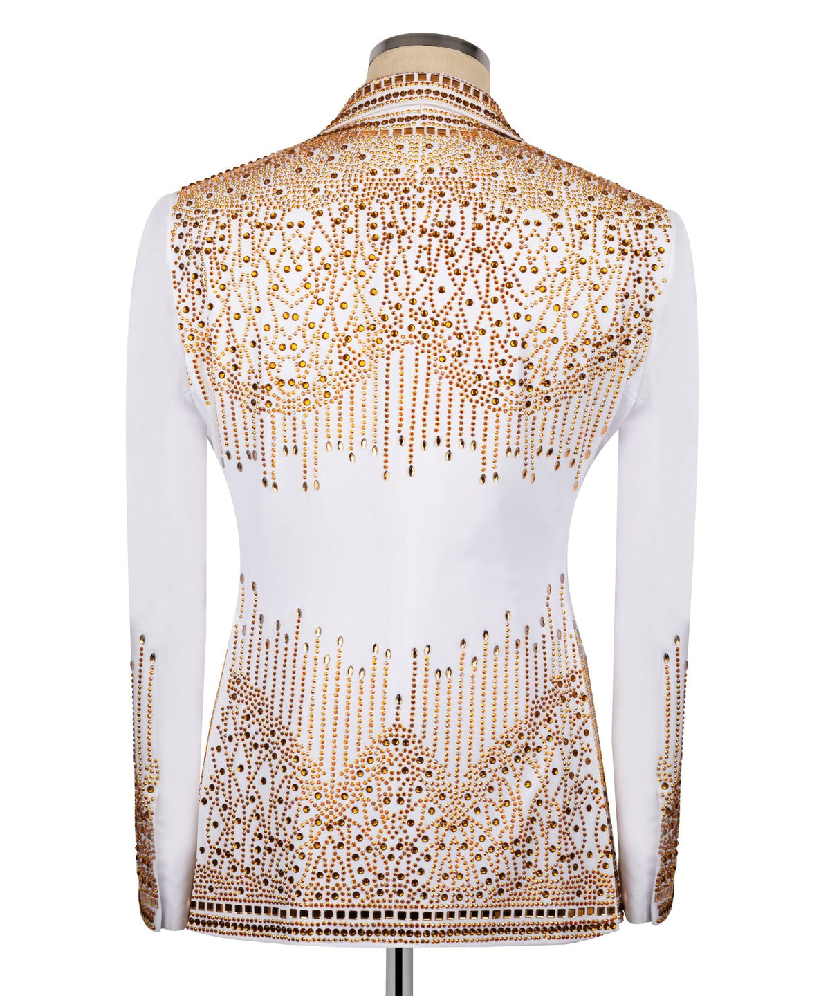 Back view of white tuxedo jacket with dense gold stone-like embroidery and button detail