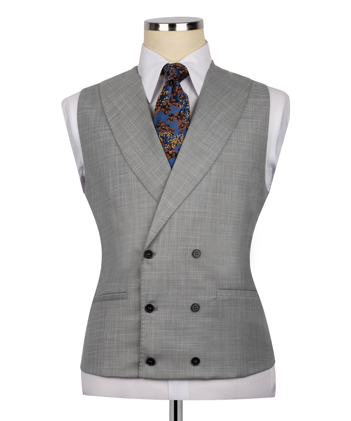Grey waistcoat with six-button double-breasted front and welt pockets