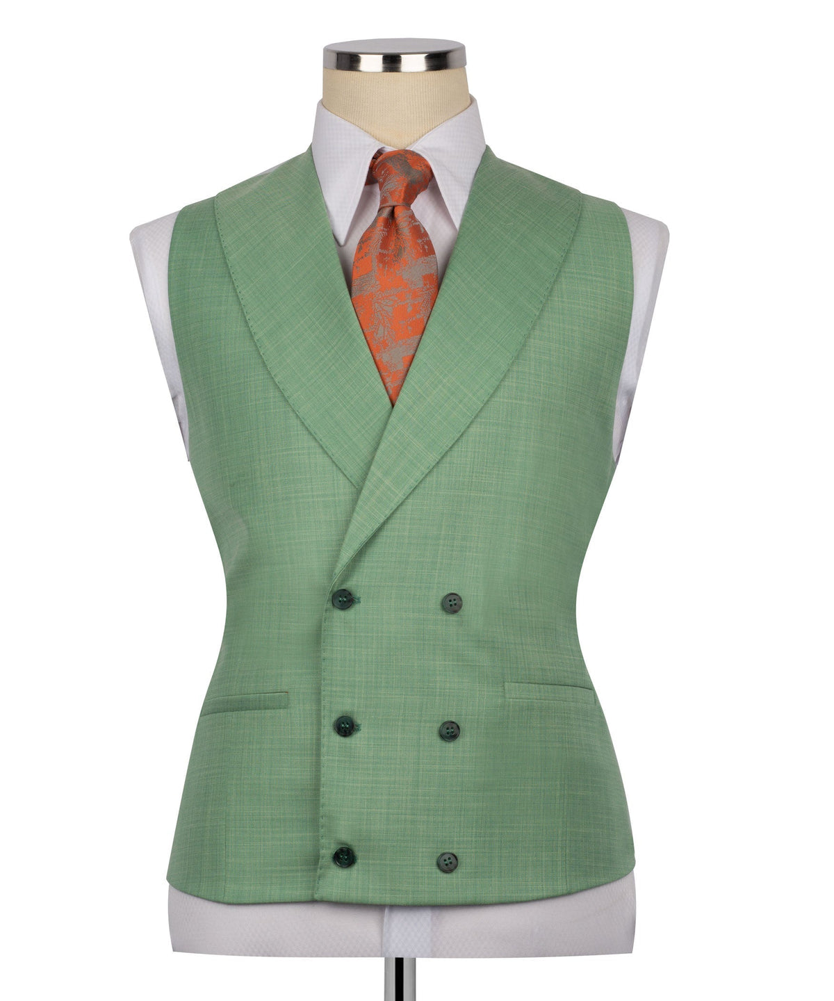 Green waistcoat vest with double-breasted buttons; white shirt and orange patterned tie