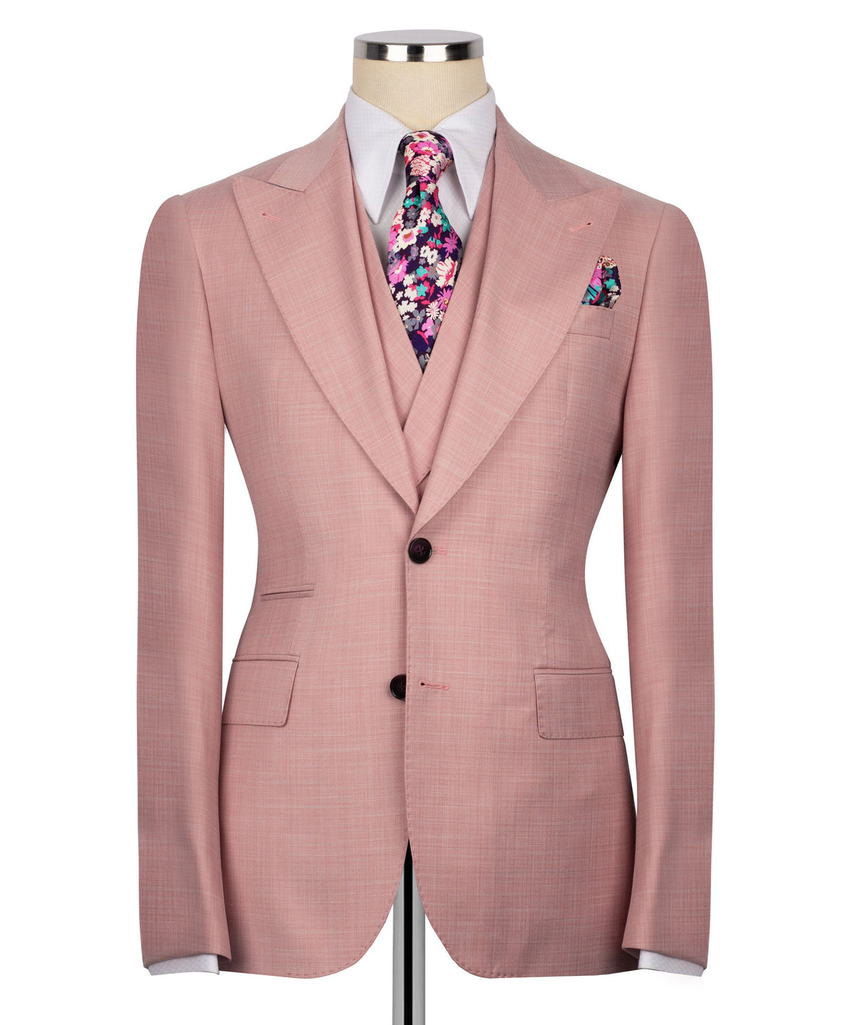 Pink blazer with vest set: notch lapels, four-button double-breasted closure