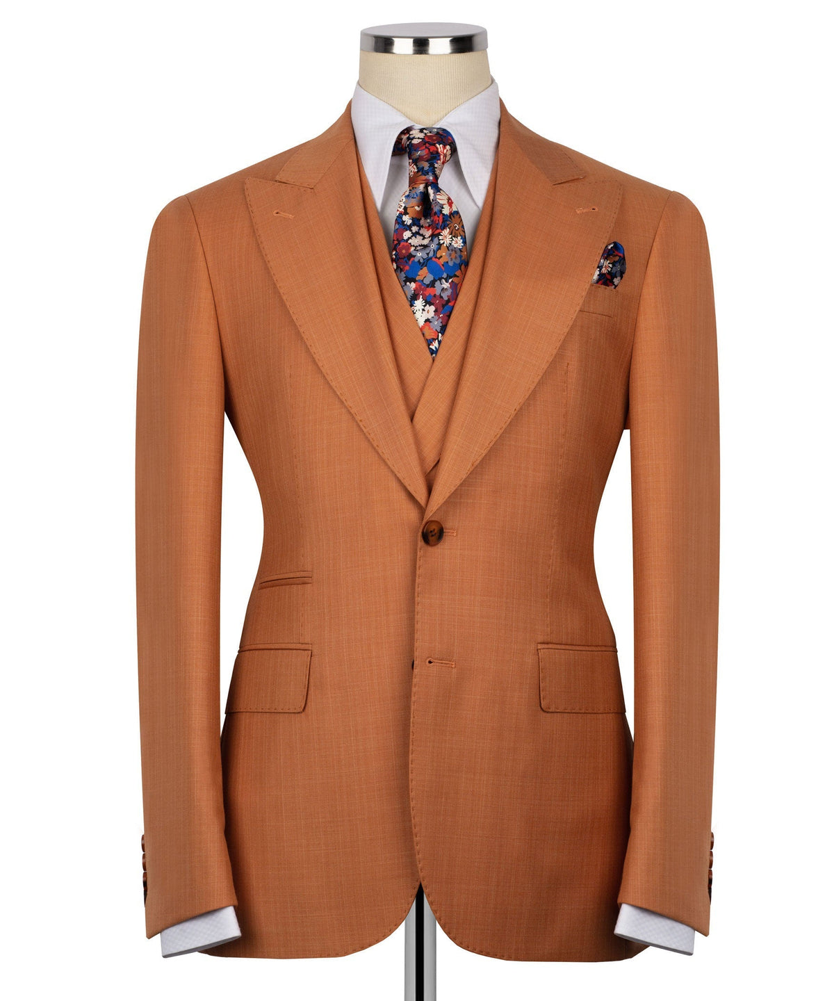 Rust-orange 3-piece vest suit with floral tie and matching vest front, front view