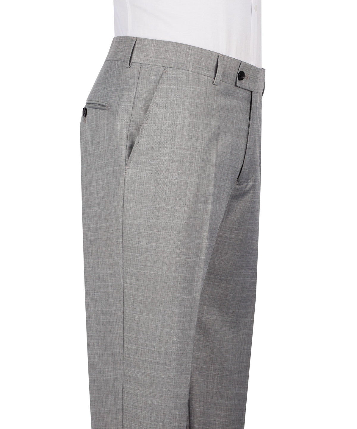 Grey dress trousers with belt loops and button closure at the fly