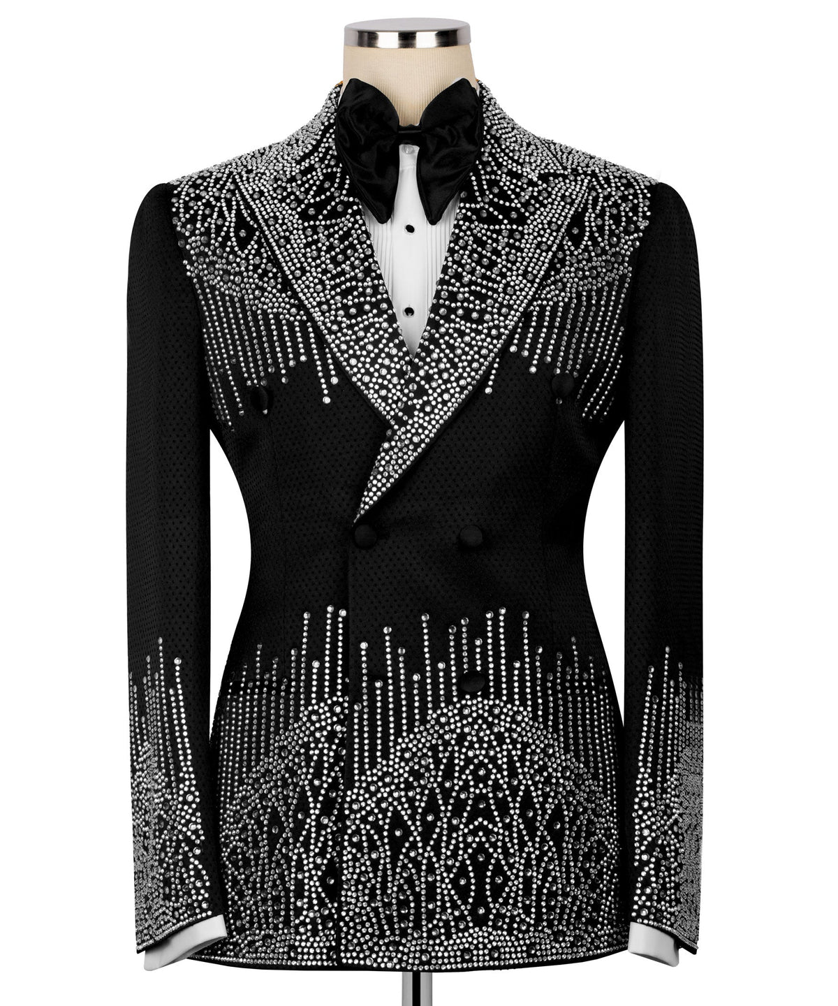 Black tuxedo jacket with silver stone embroidery and satin bow tie, notched lapels