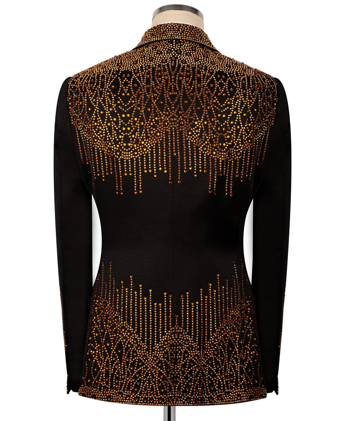 Black tuxedo blazer back with gold stone drips across shoulders and hem