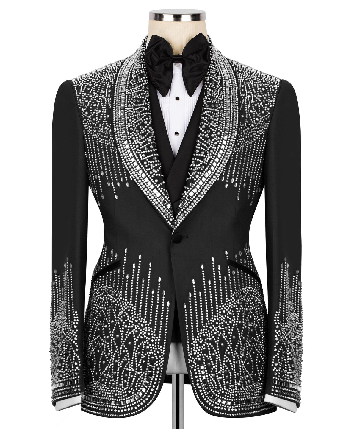 Black tuxedo jacket with silver rhinestone embroidered trim and black satin bow tie