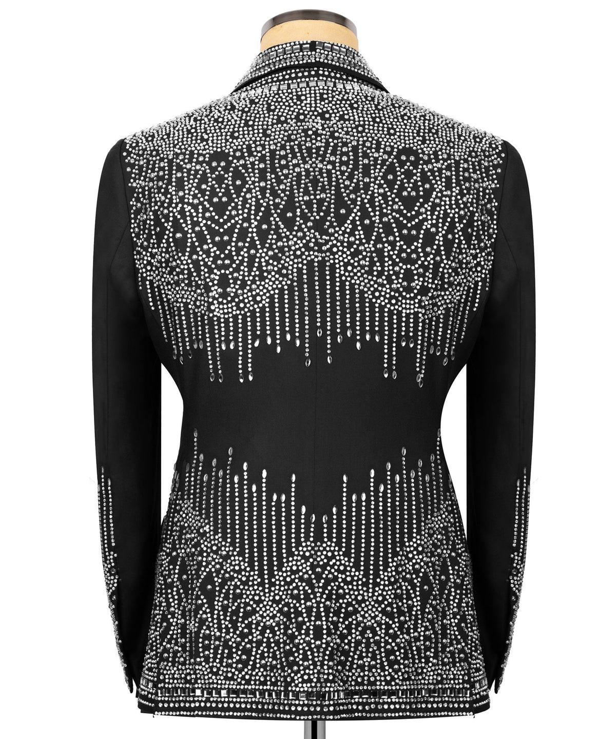 Back view black tuxedo blazer with silver rhinestone embroidery and hanging fringe
