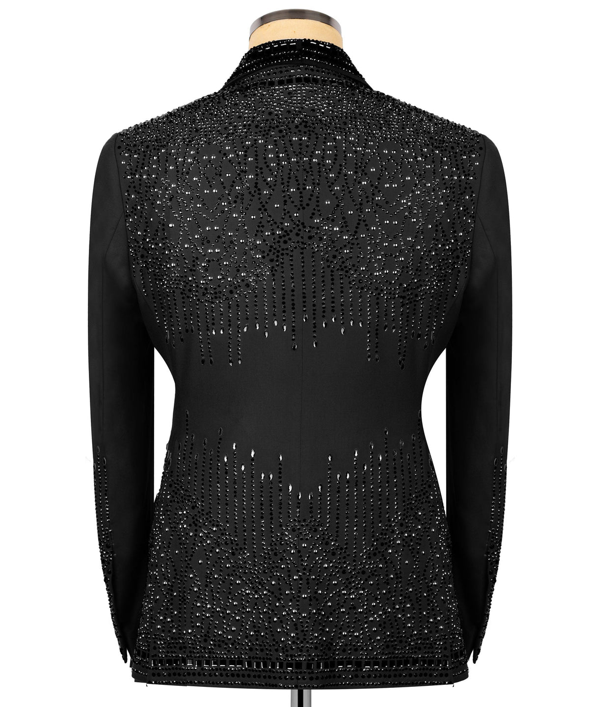 Black tuxedo jacket back with dense stone/rhinestone embellishment, slim silhouette