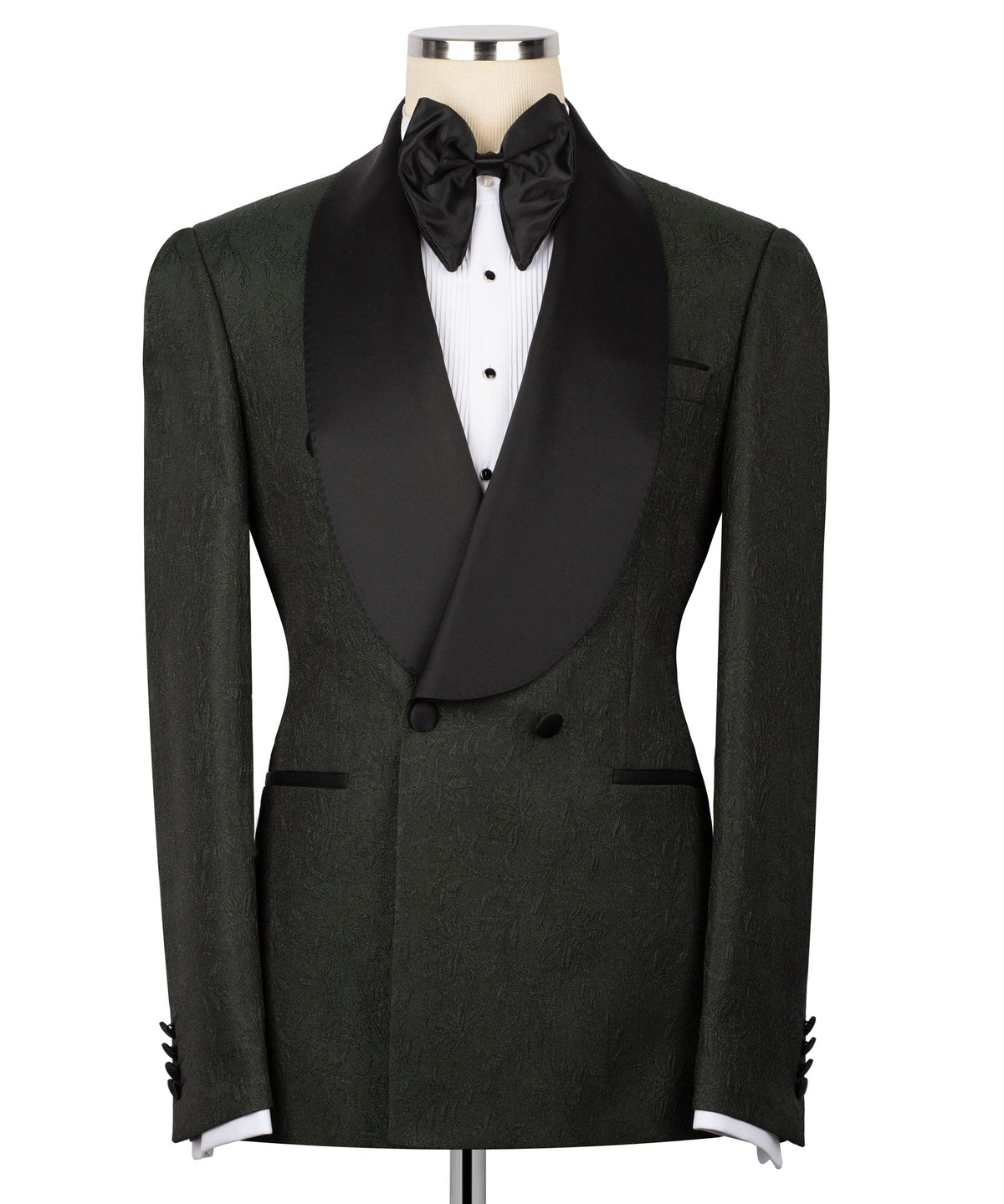 Dark green shiny tuxedo two-piece suit with black satin lapels, bow tie, and vest