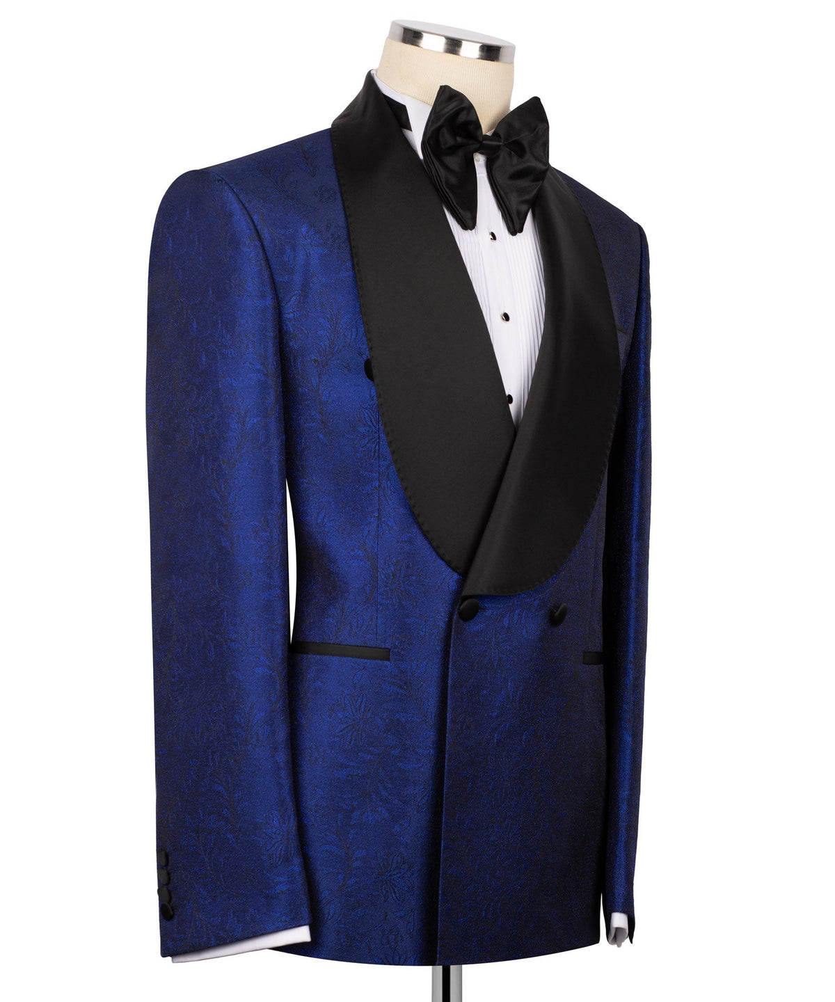 Blue tuxedo suit with satin-look lapels, black bow tie, and double-breasted vest