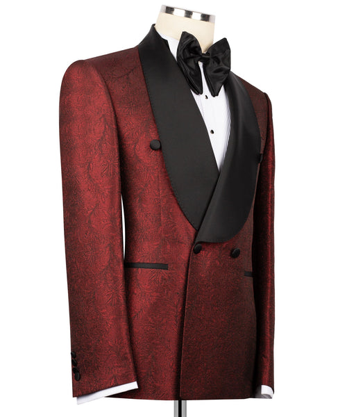 Red textured tuxedo jacket on mannequin, black waistcoat and bow tie