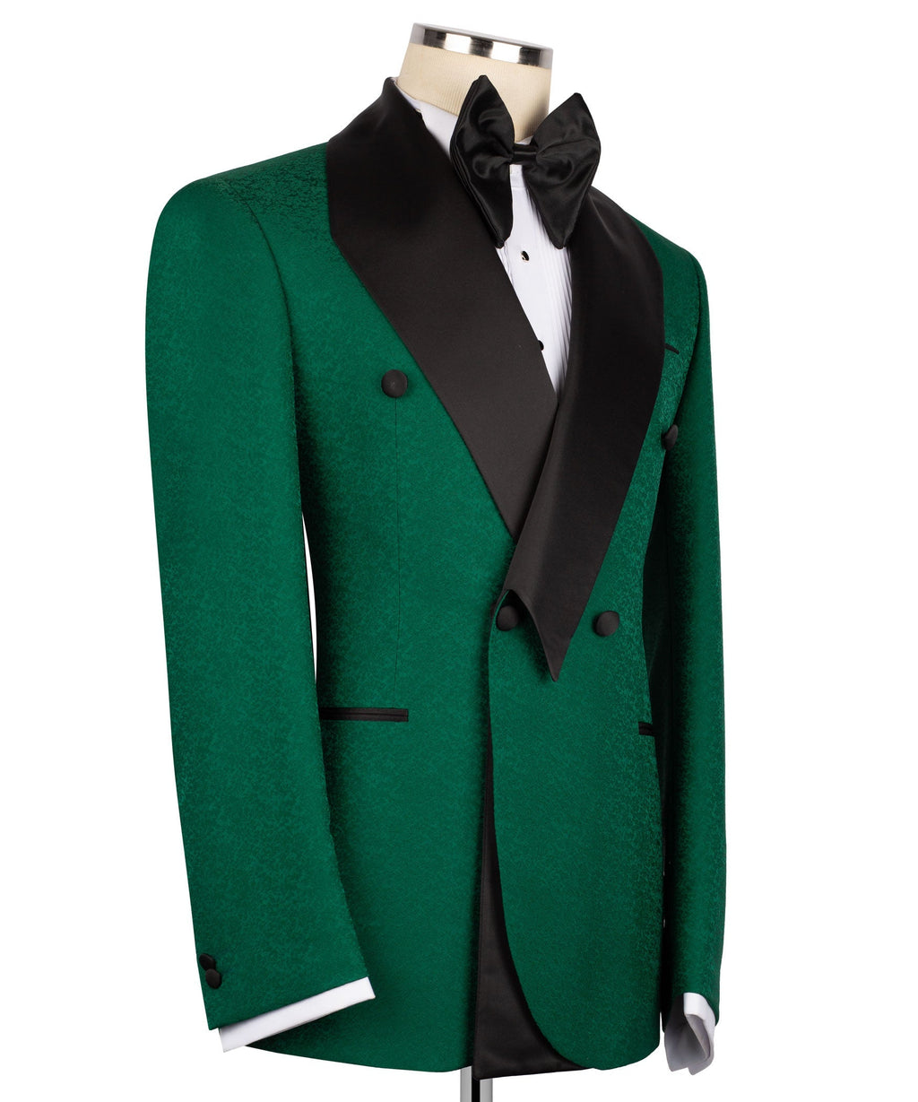 Green two-piece tuxedo with black satin bow tie, notchless vest, double-breasted style