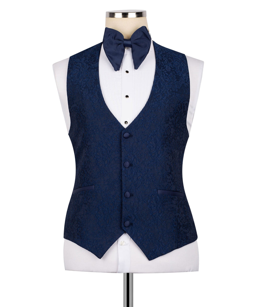 Navy dress vest with button front and satin bow tie, part of tuxedo set