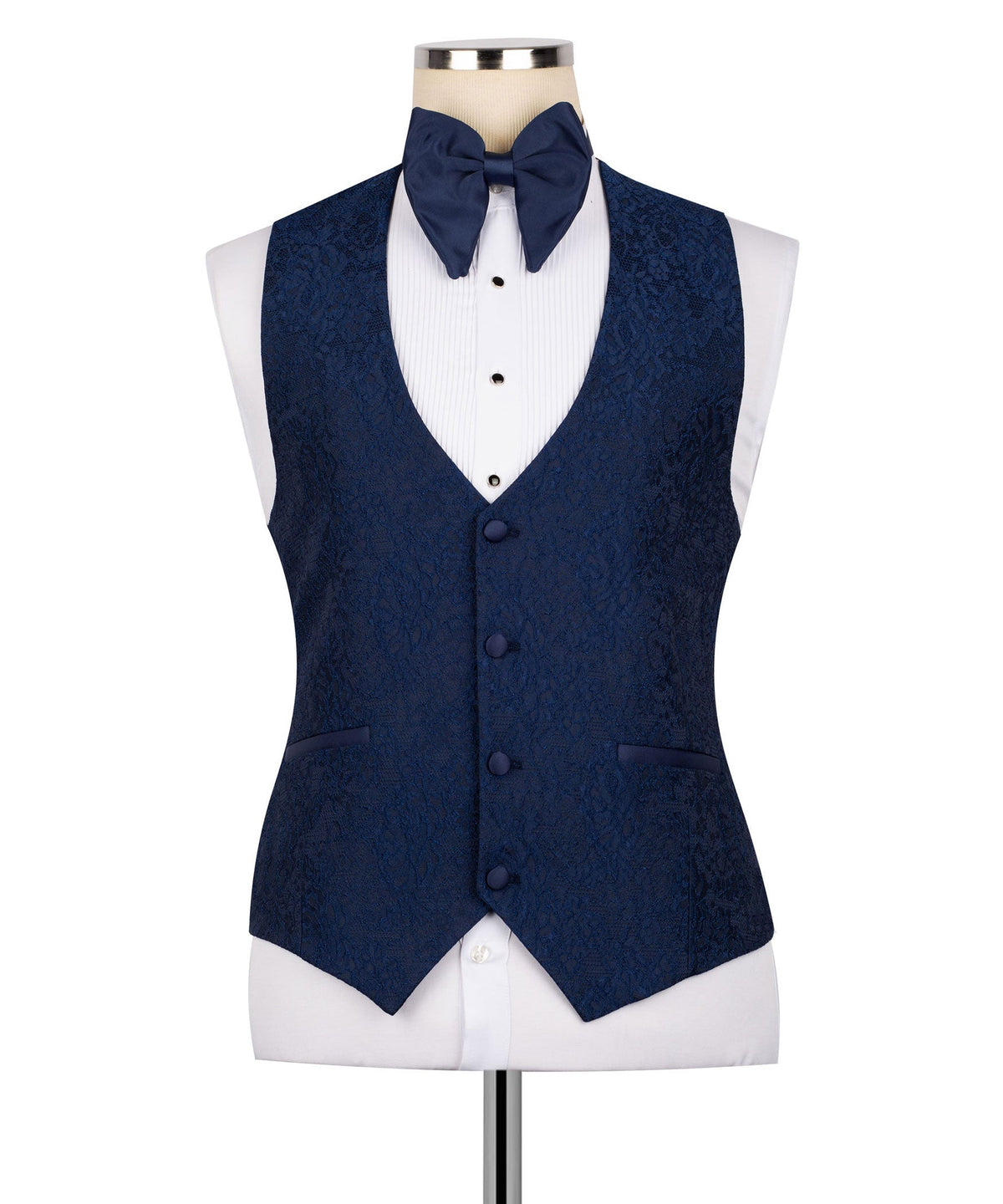 Navy dress vest with button front and satin bow tie, part of tuxedo set