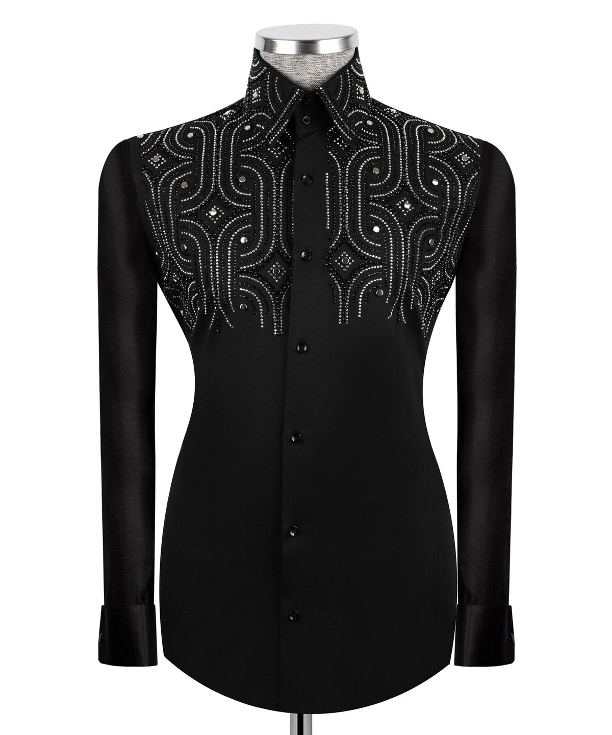 Men's black formal long-sleeve shirt with silver stone embroidery and button placket