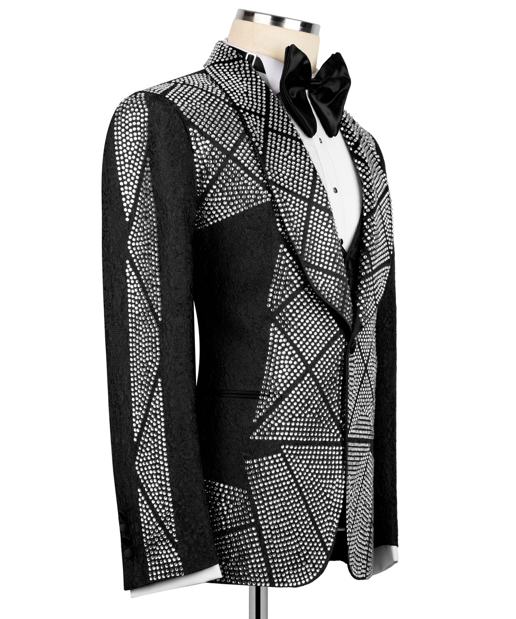 Black tuxedo jacket with rhinestone lapel and panel embroidery, bow tie and vest