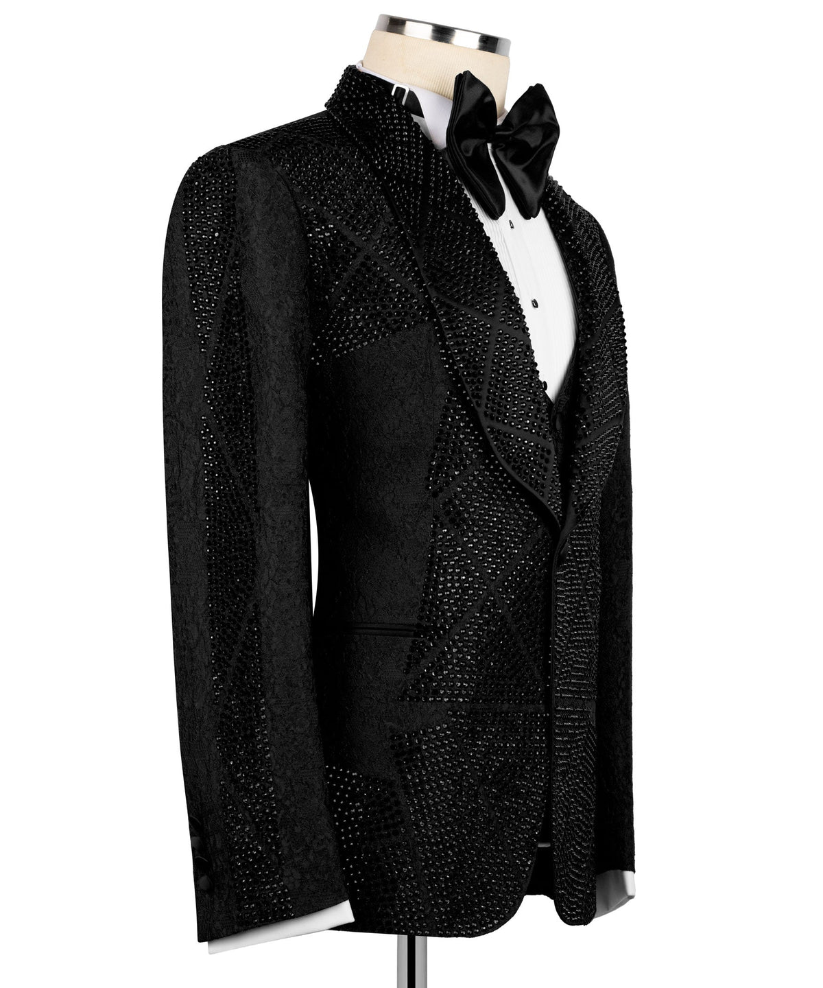 Black stone-embroidered tuxedo jacket with matching waistcoat and bow tie, side view