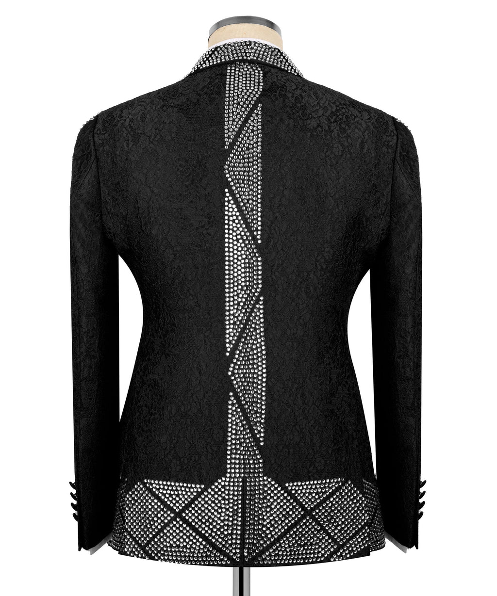 Back view of black tuxedo jacket with rhinestone vertical stripe embroidery