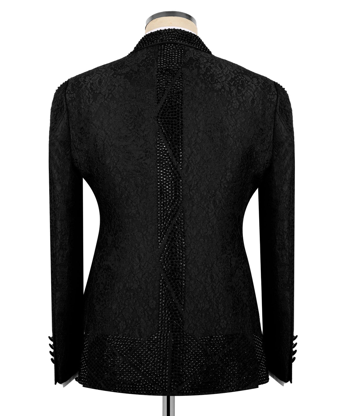 Back view of black stone-embroidered tuxedo jacket with structured shoulders and button detail