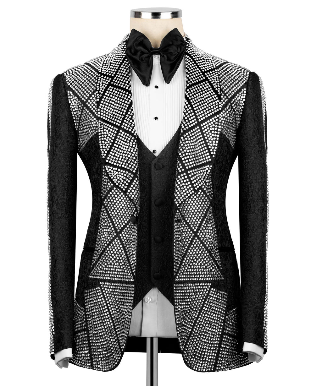 Black tuxedo set: rhinestone embroidered jacket, vest, white shirt and bow tie