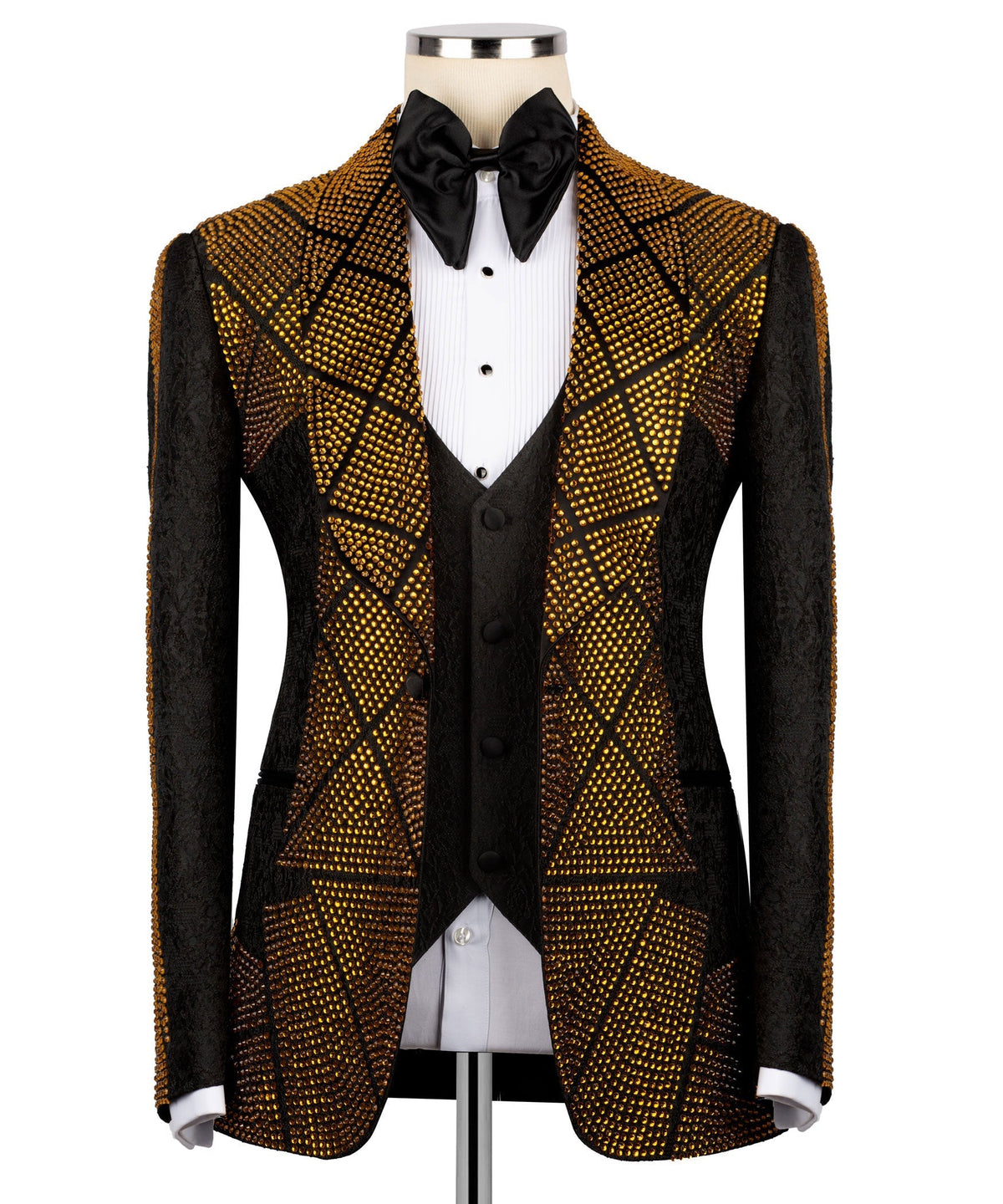 Stone-embroidered tuxedo jacket, black with gold geometric sparkle and satin lapels