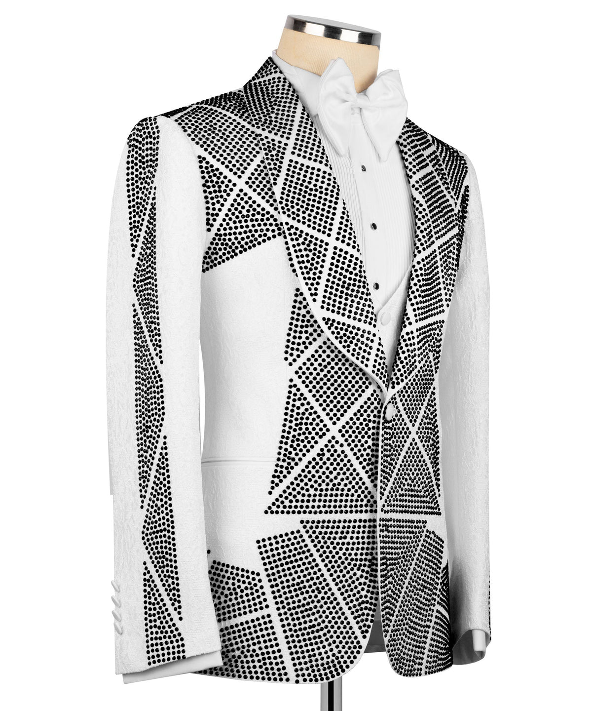 Side view tuxedo jacket in white with black dotted stone-style embroidery and notched lapels