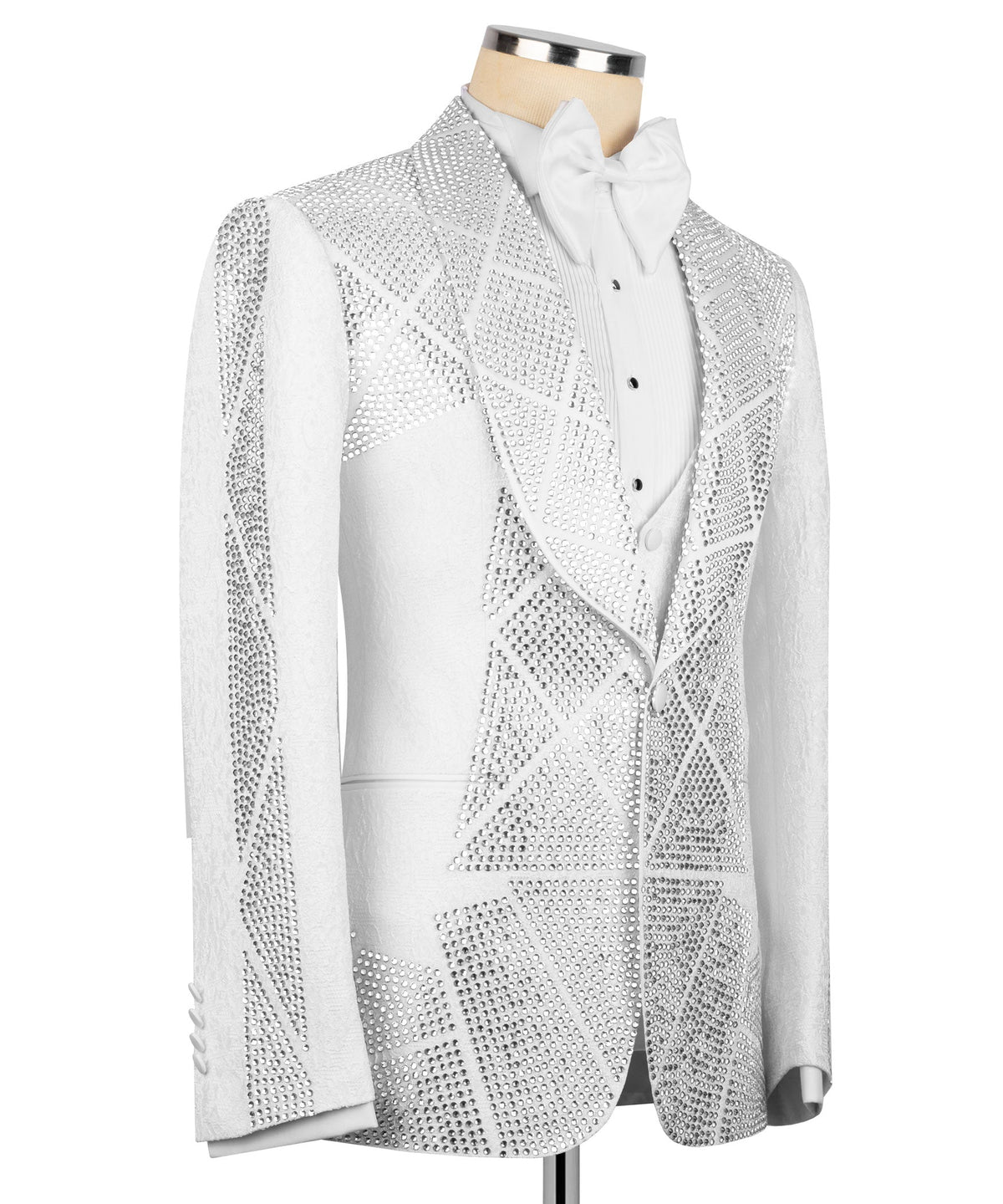White tuxedo jacket with silver stone-embroidery and single-breasted front; bow shirt