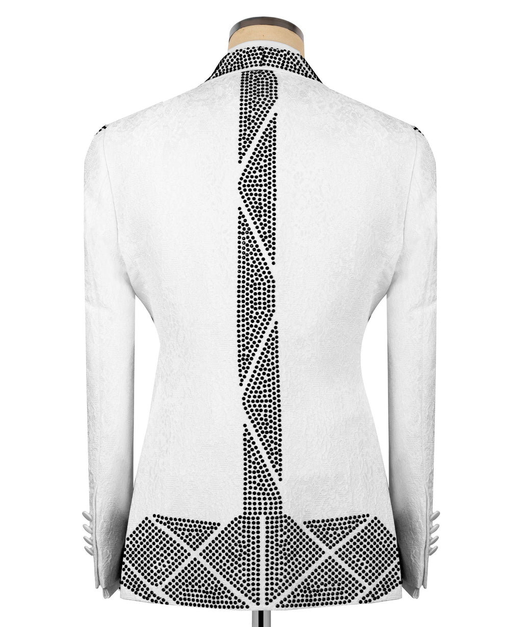 Back view tuxedo jacket in white with vertical black dotted embroidery stripe at center