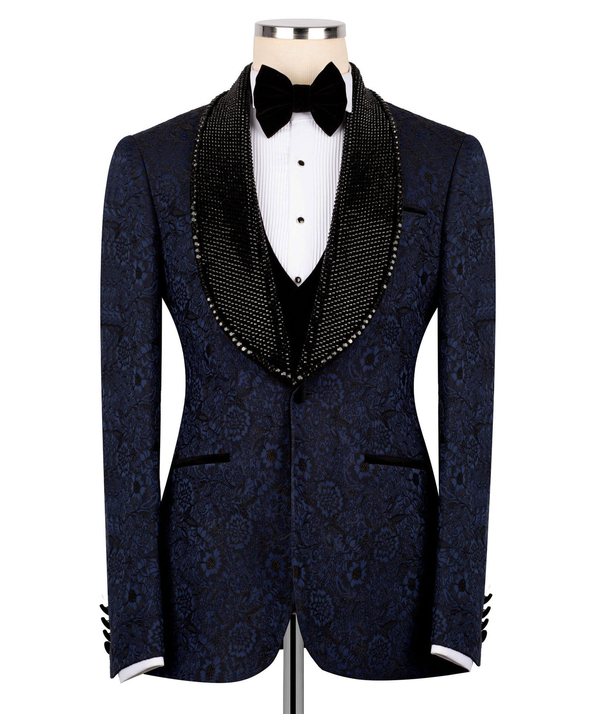 Blue embroidered tux jacket with black velvet vest front, notch lapels, bow tie