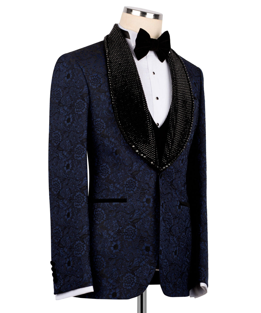 Blue embroidered tux jacket with black velvet-trim vest and bow tie, front view