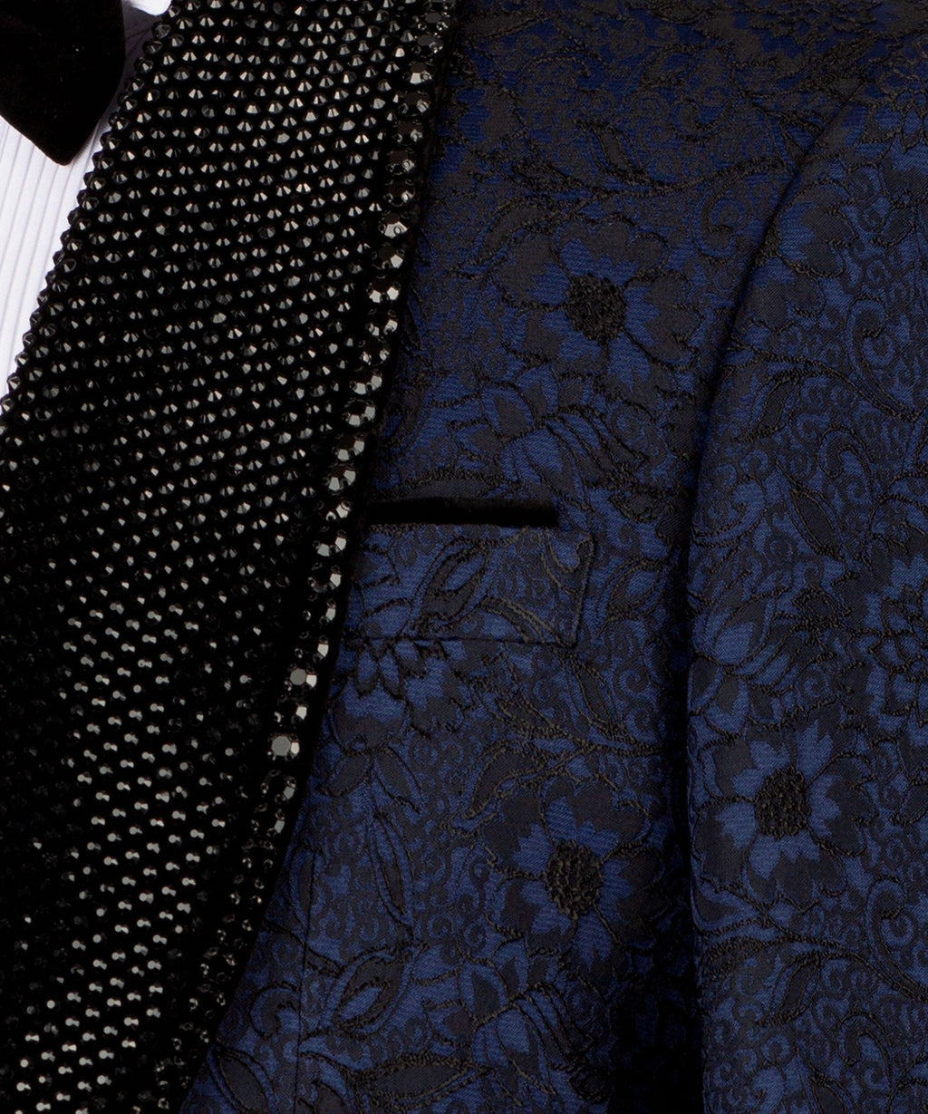 Black velvet vest panel with silver-stud trim on blue embroidered tux fabric