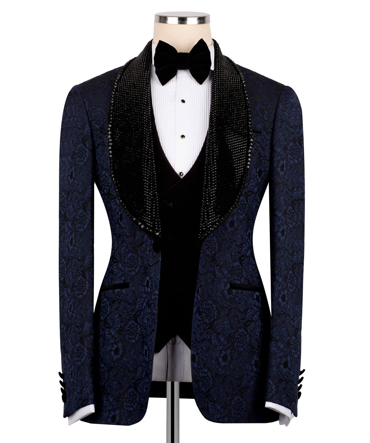 Blue embroidered tux jacket with black velvet collar vest, bow tie, white shirt