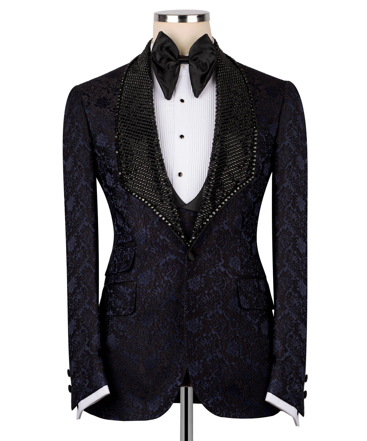 Navy tuxedo jacket with black sequined trim, bow tie, and matching waistcoat
