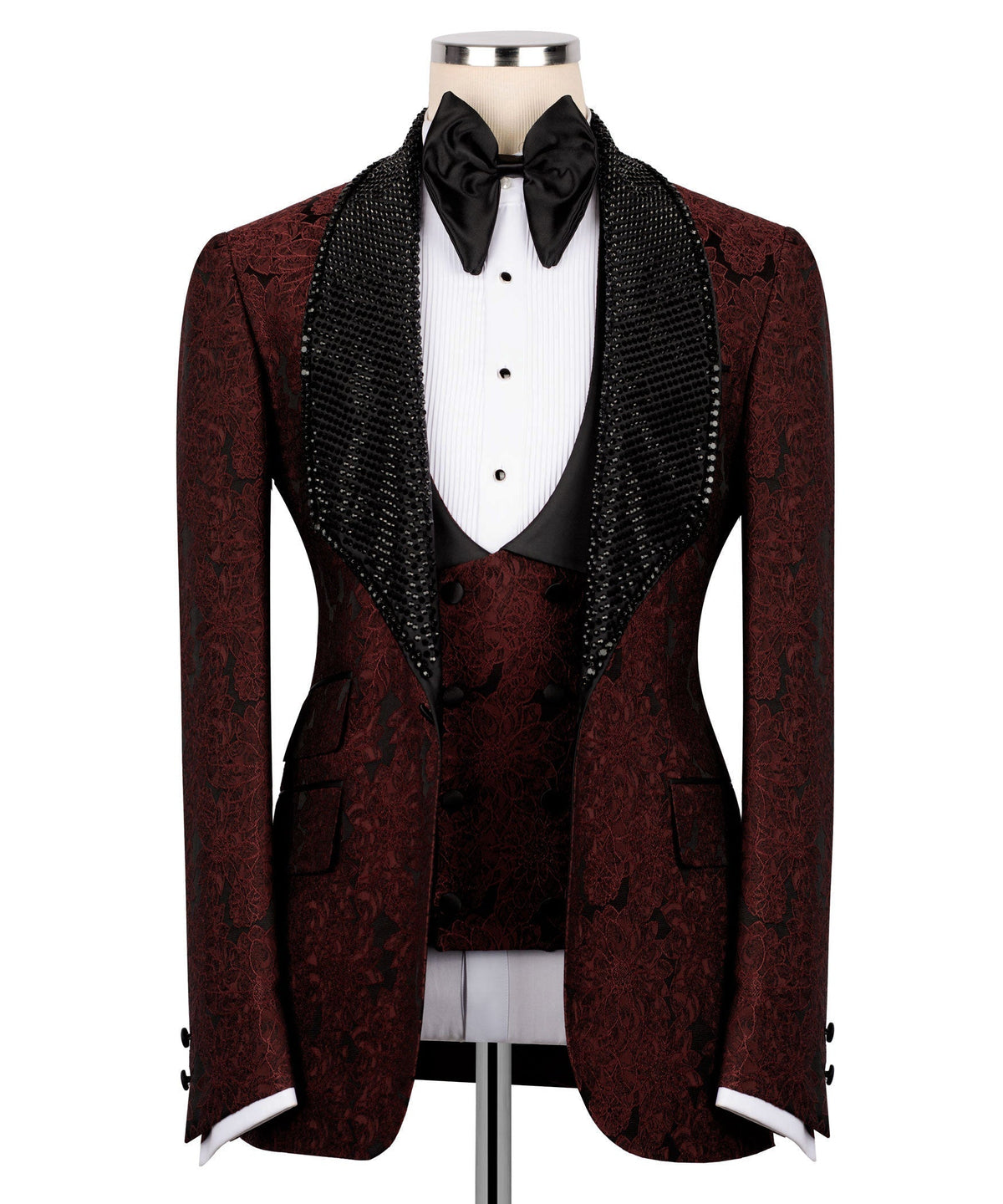 Red embroidered tuxedo jacket with black velvet shawl collar and matching vest