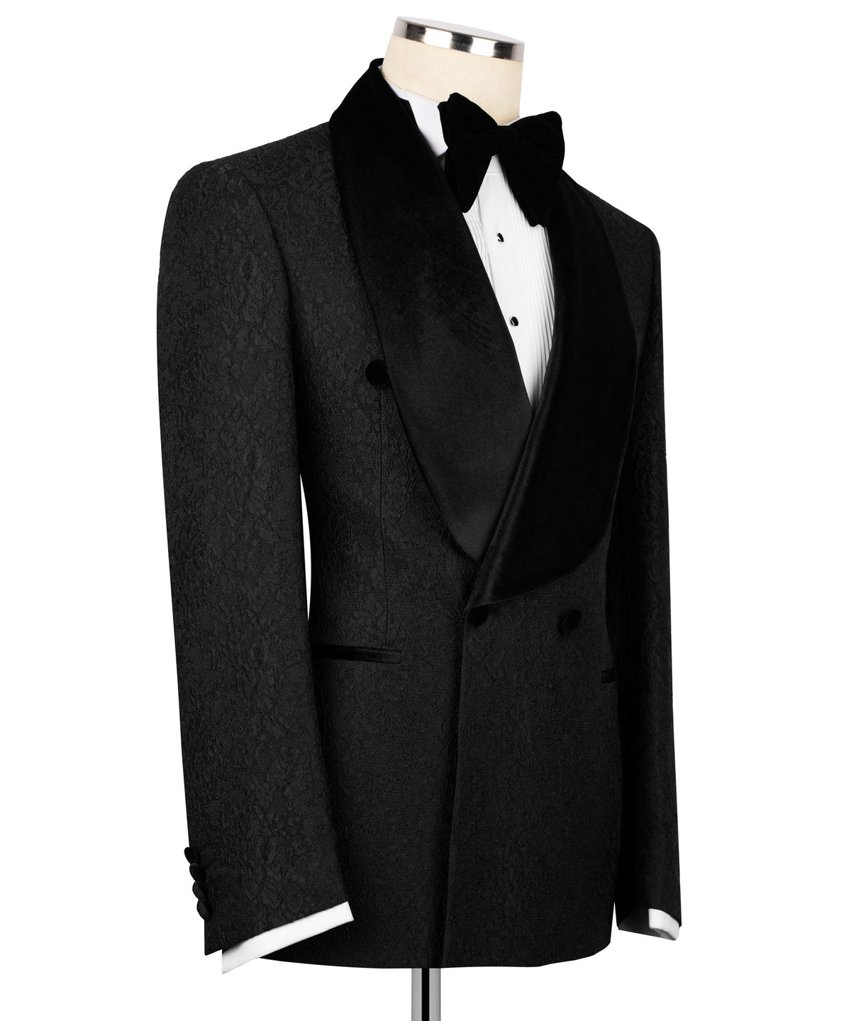 Black tuxedo jacket with velvet collar and bow tie, satin lapels, side view
