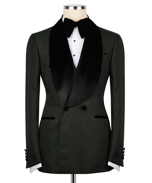 Black tuxedo blazer with velvet shawl collar, satin bow tie, and vest
