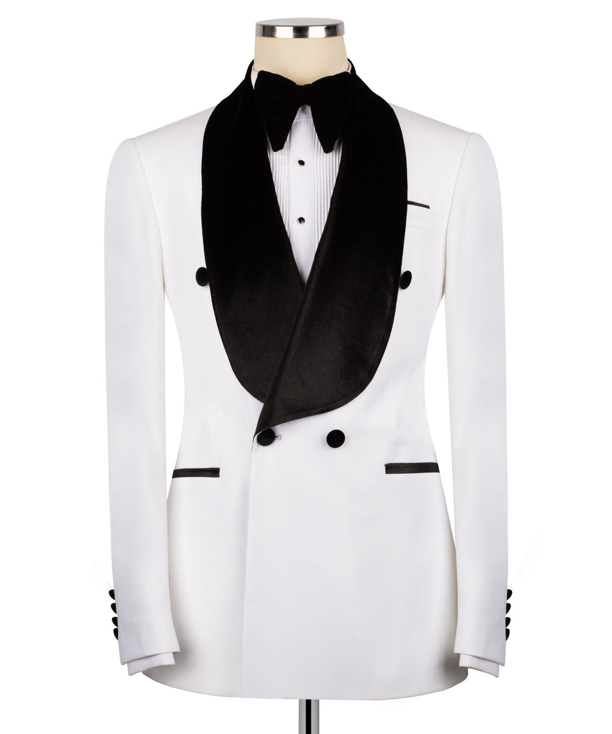 White tuxedo jacket with black velvet shawl collar and bow tie