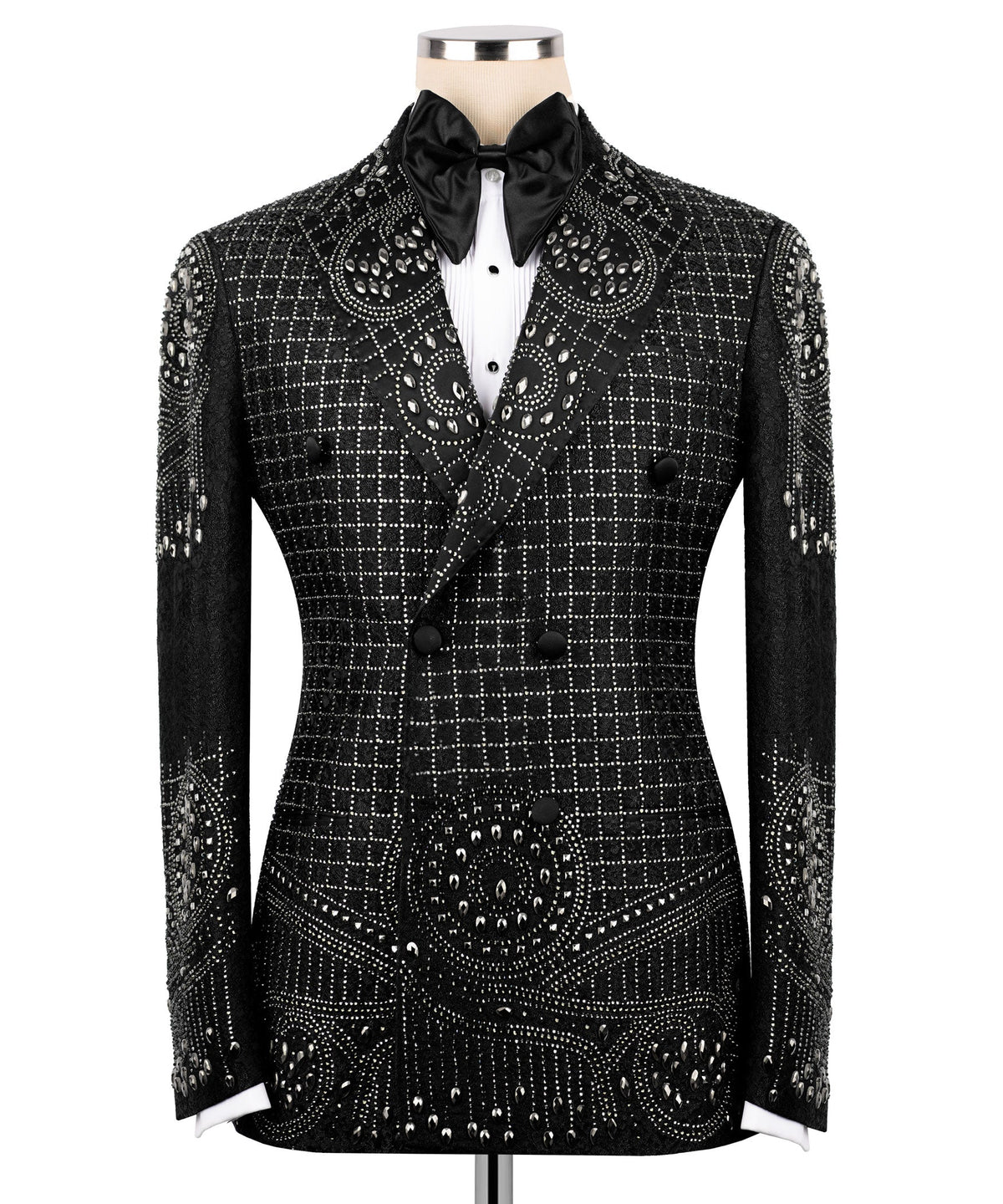 Embroidered black tuxedo jacket with satin bow, jeweled grid and floral patterns
