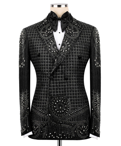 Embroidered black tuxedo jacket with satin bow, jeweled grid and floral patterns