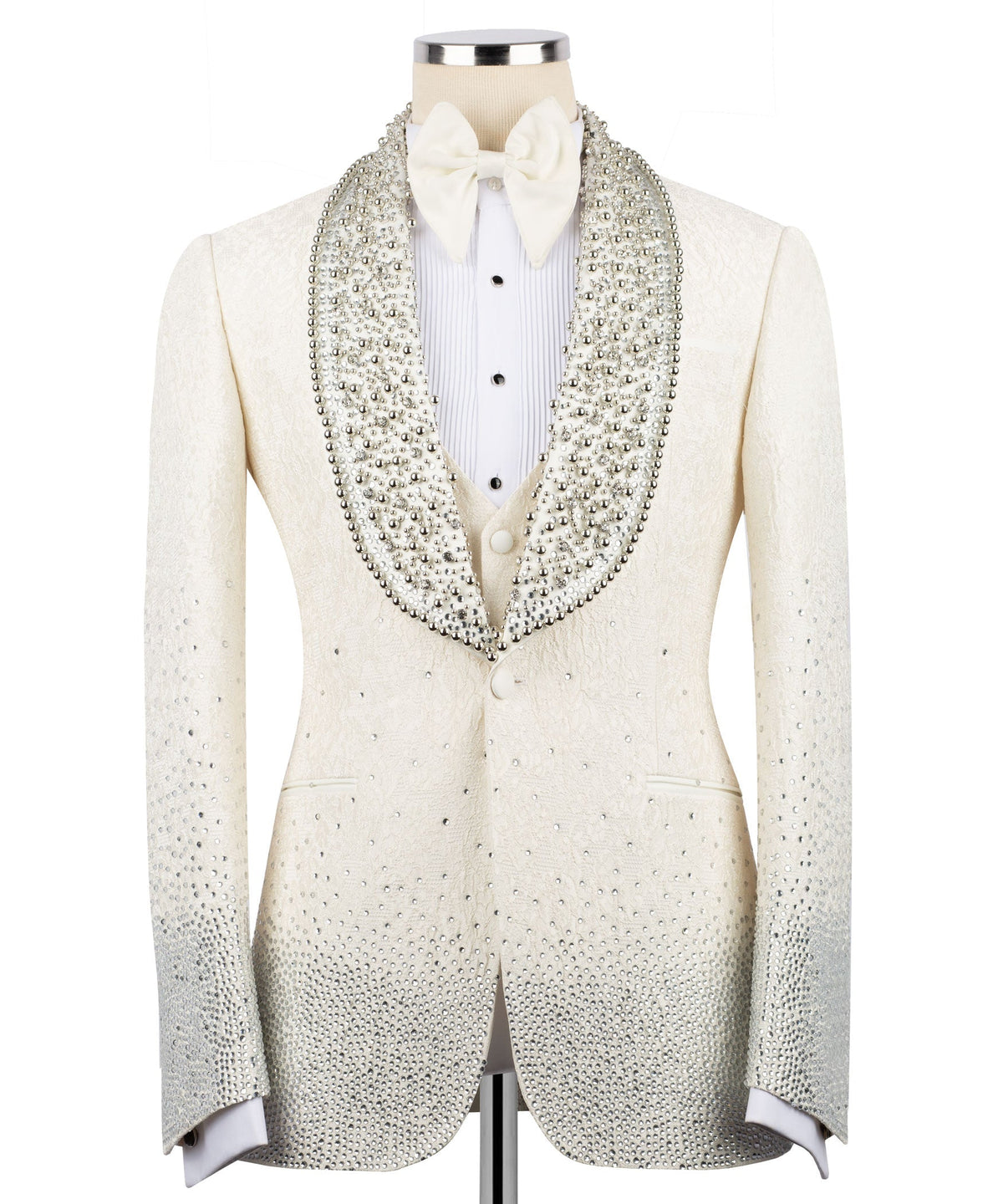 Ivory stone-embroidered tuxedo jacket with bow tie and satin trim, front view