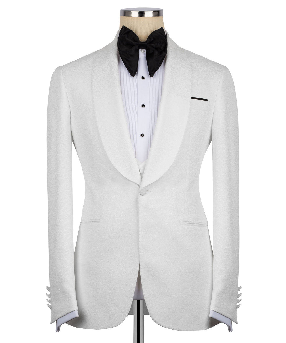 White tuxedo jacket front view with black bow tie over white vest buttons