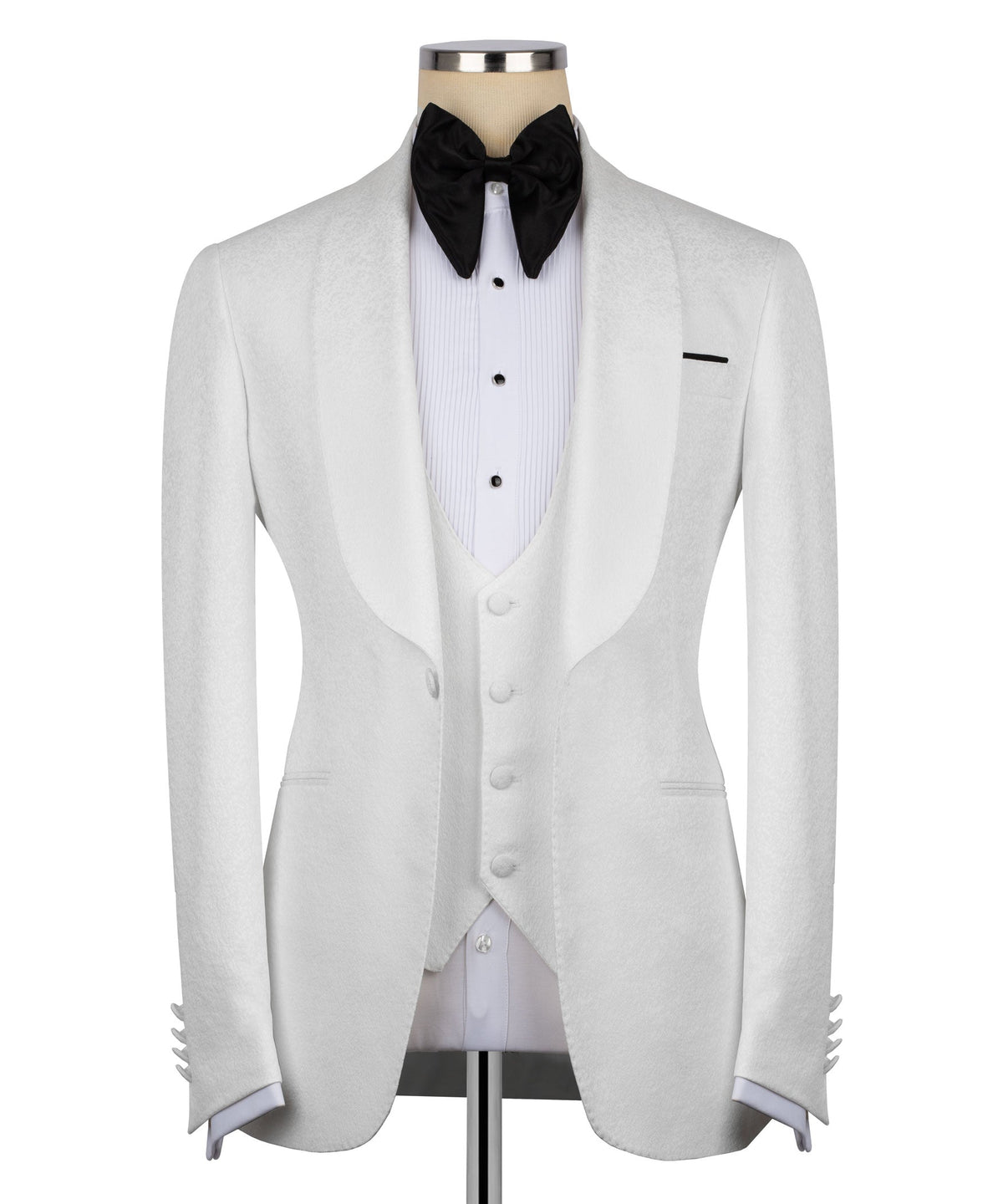 White tuxedo jacket with black bow tie and white vest, single-breasted button front
