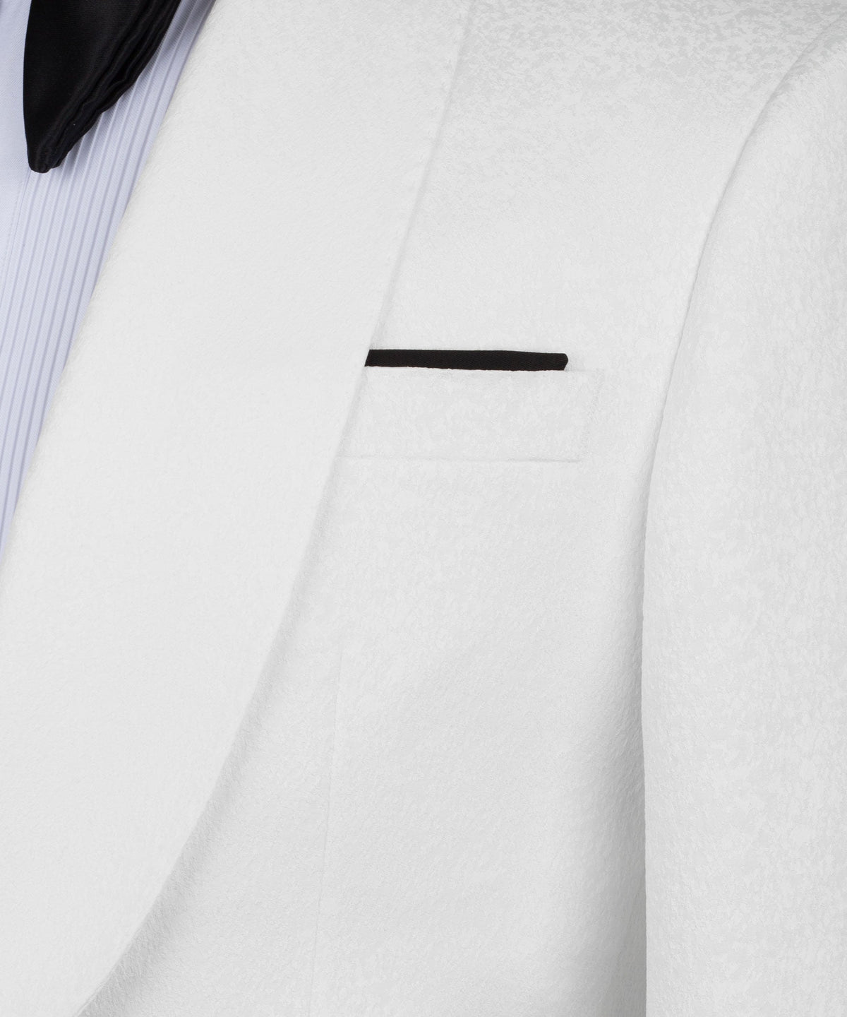 White tuxedo jacket chest pocket, black accent stripe, textured fabric