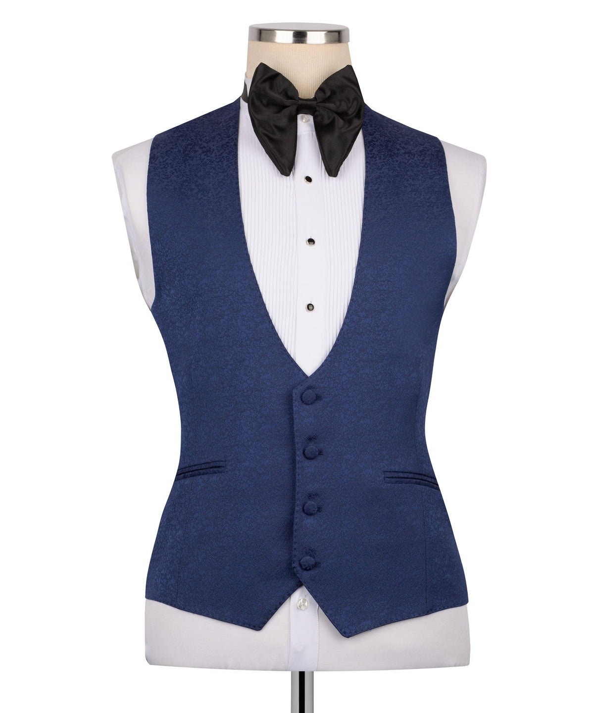 Navy tuxedo waistcoat vest with black bow tie and white striped shirt front, sleeveless view