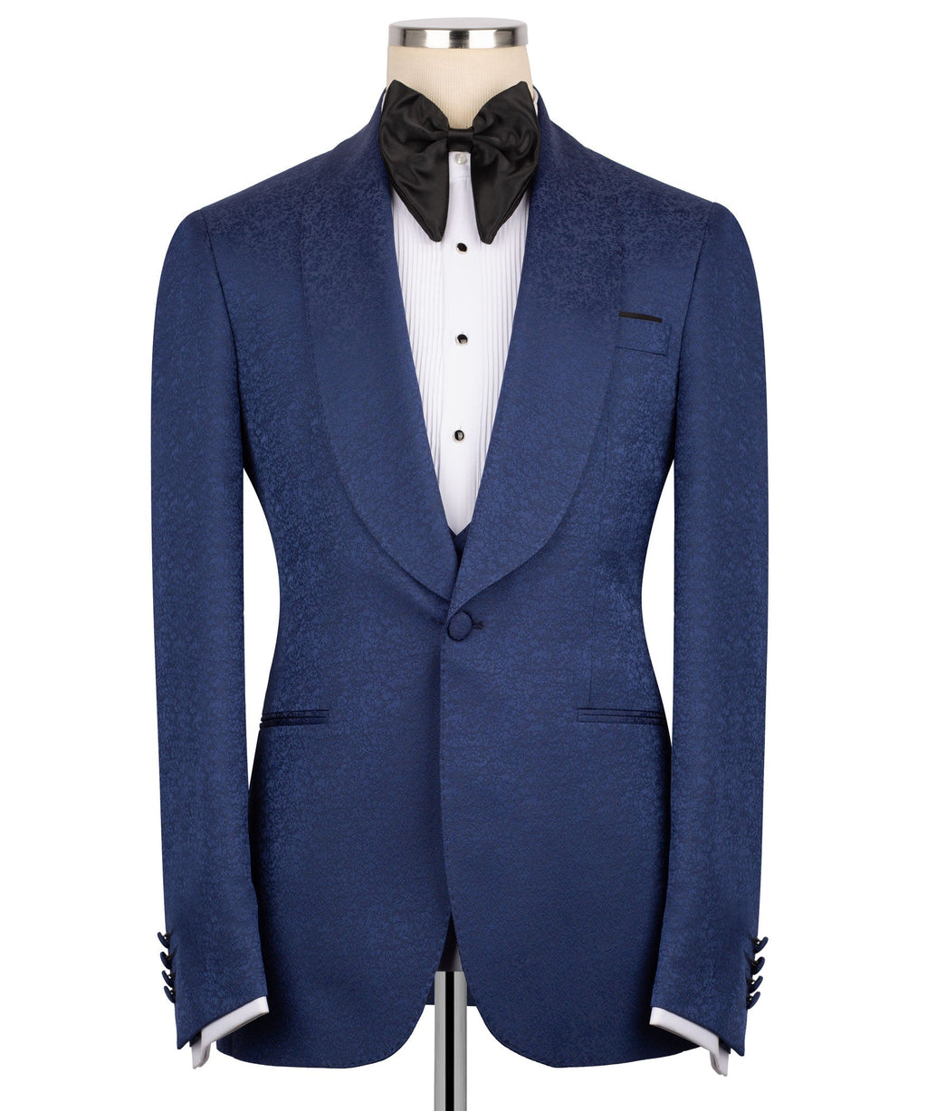 Navy tuxedo jacket and vest with black bow tie, straight-on view