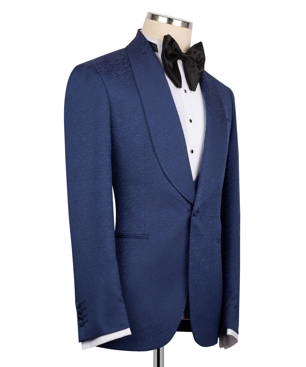 Navy tuxedo jacket side view, peak lapel, black bow tie, white striped shirt