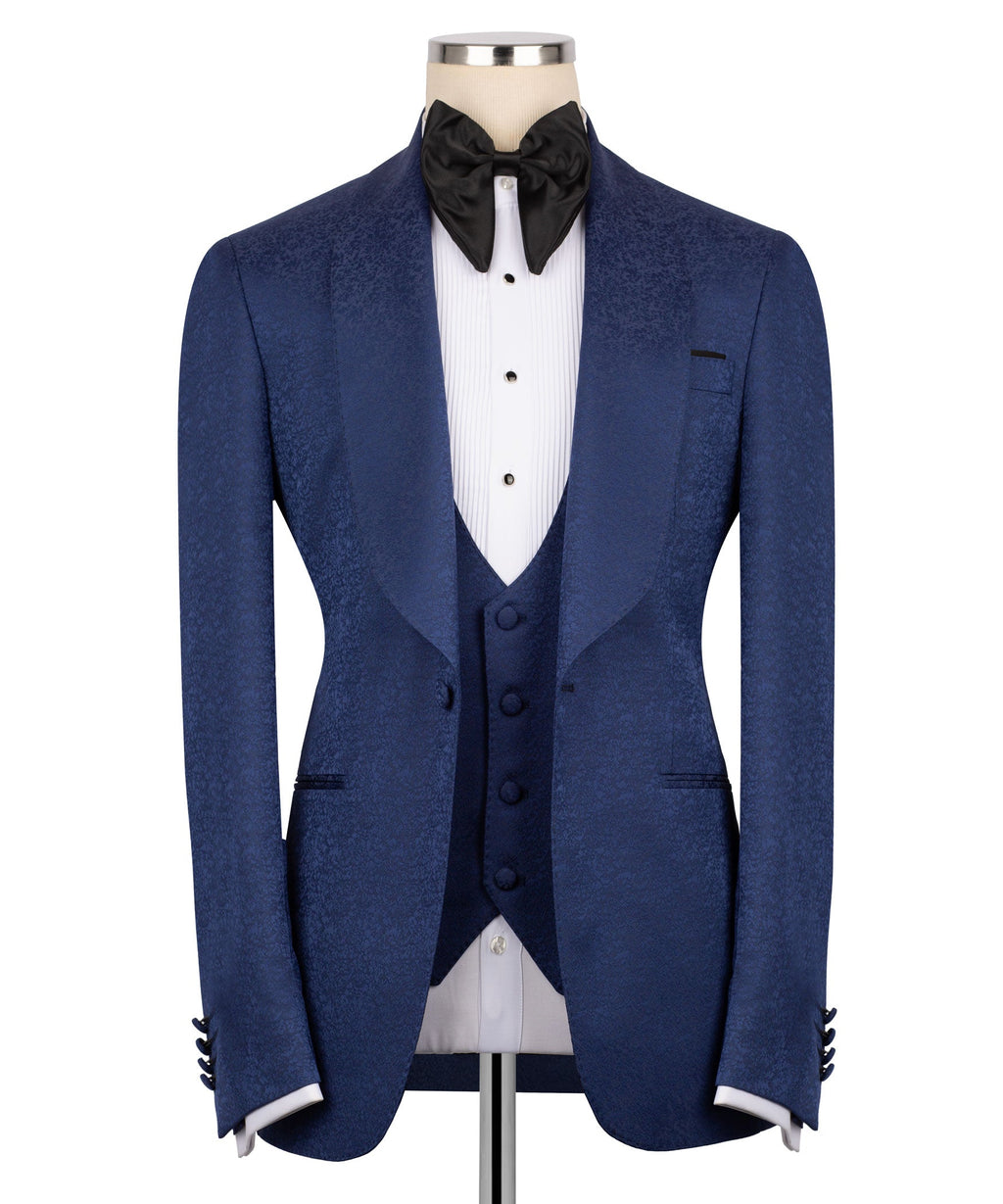 Navy tuxedo jacket with black bow tie and white pinstripe vest, front view
