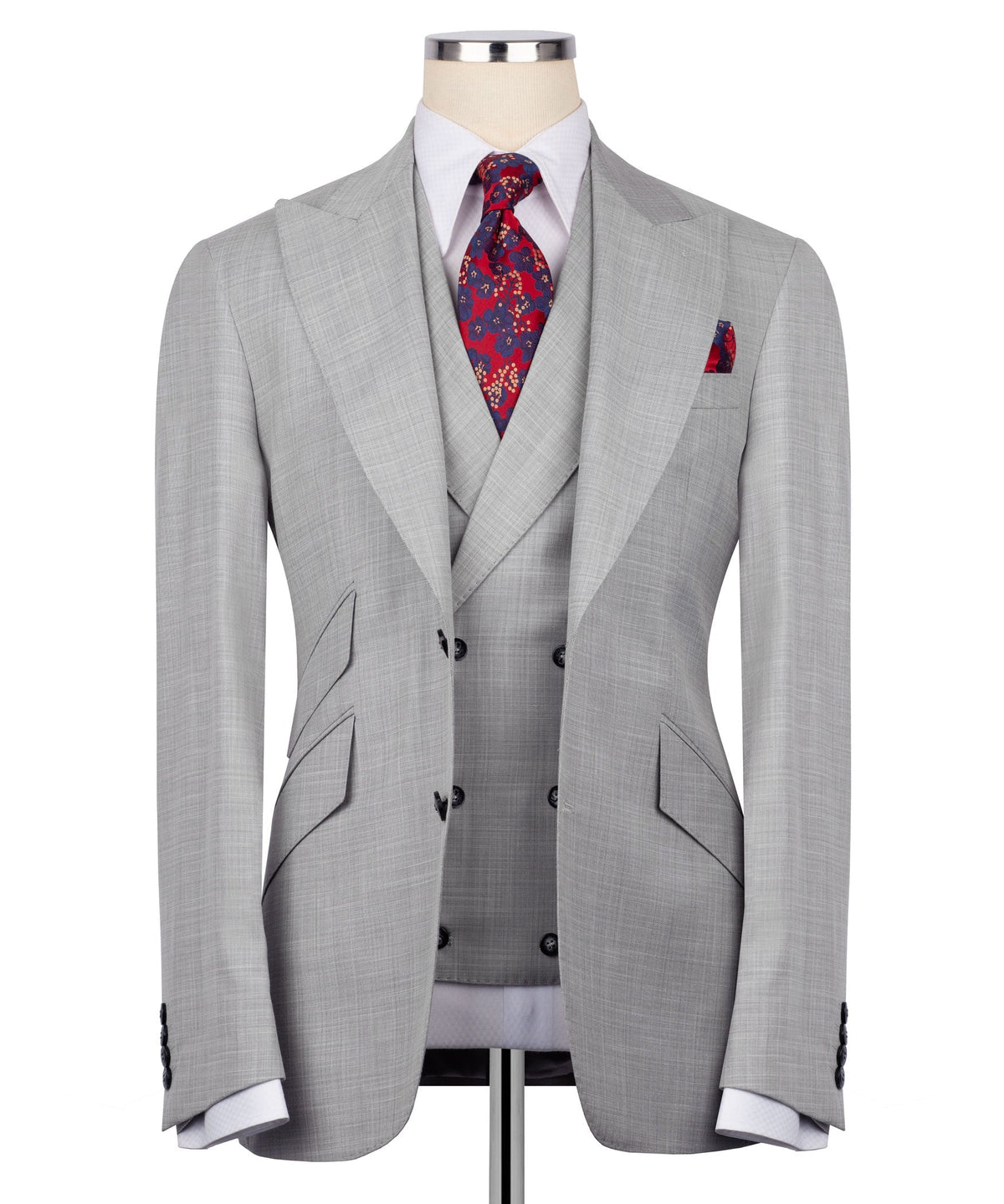Grey check classic suit jacket with matching waistcoat and pocket square